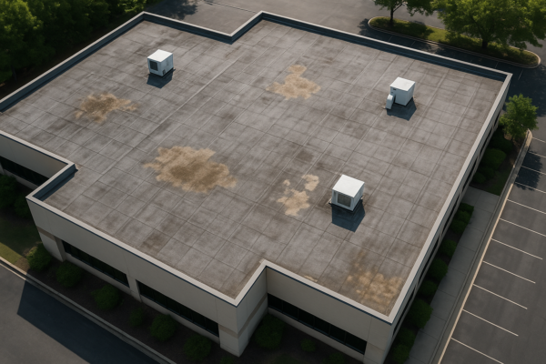 An aerial view of a large commercial building with visible roof wear and tear, including discolored patches and debris accumulation