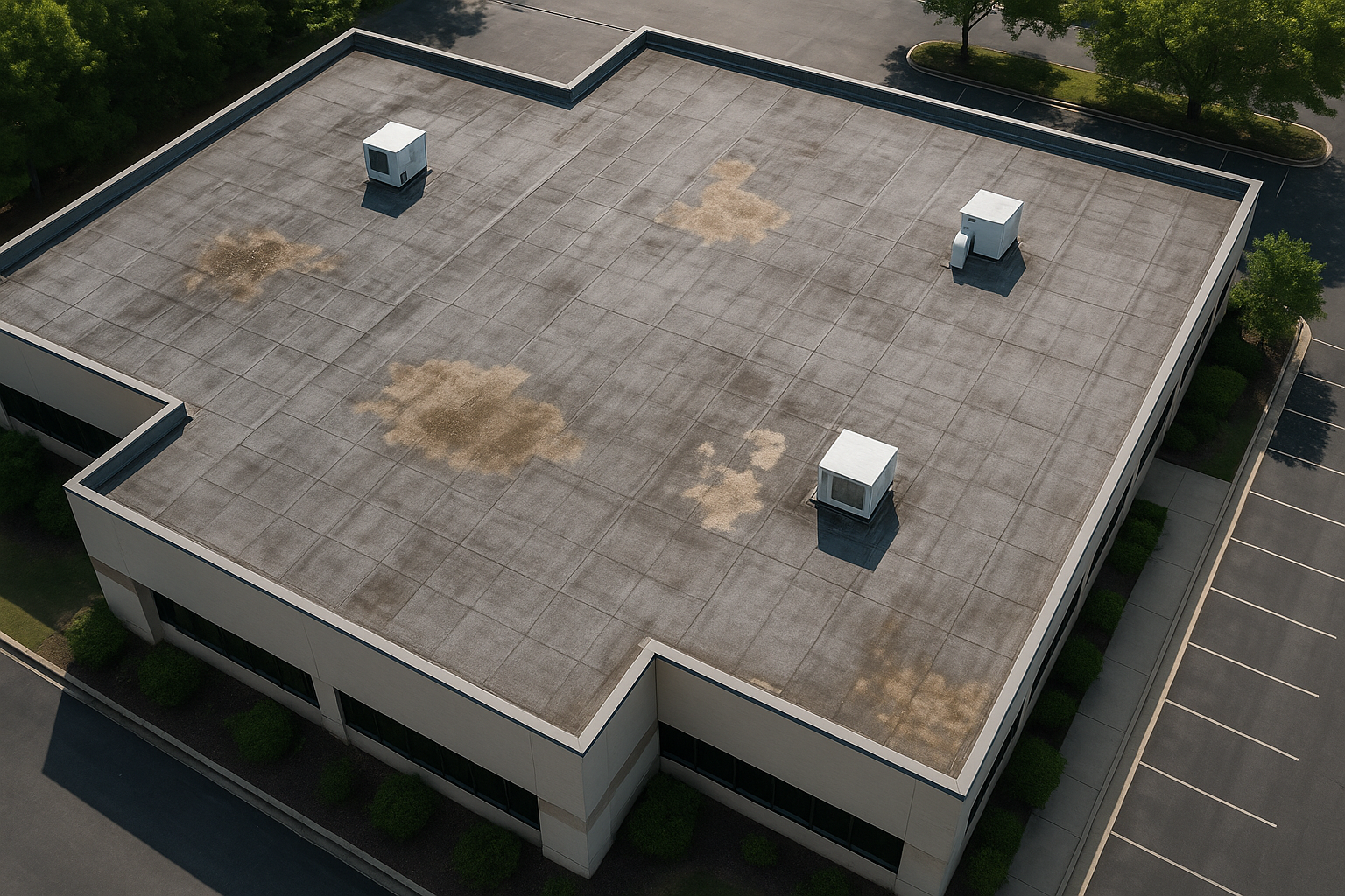 An aerial view of a large commercial building with visible roof wear and tear, including discolored patches and debris accumulation