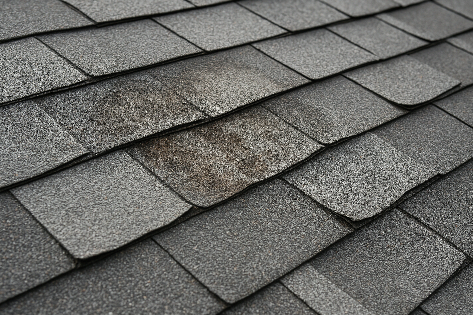 Close-up of damaged asphalt shingles with visible water staining and curling edges