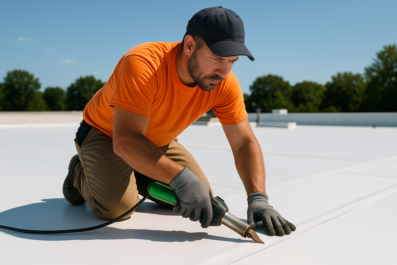 A professional roofer installing TPO membrane on a flat commercial roof on a sunny day