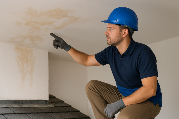 A professional roofer examining a damaged roof with water stains visible on the ceiling underneath