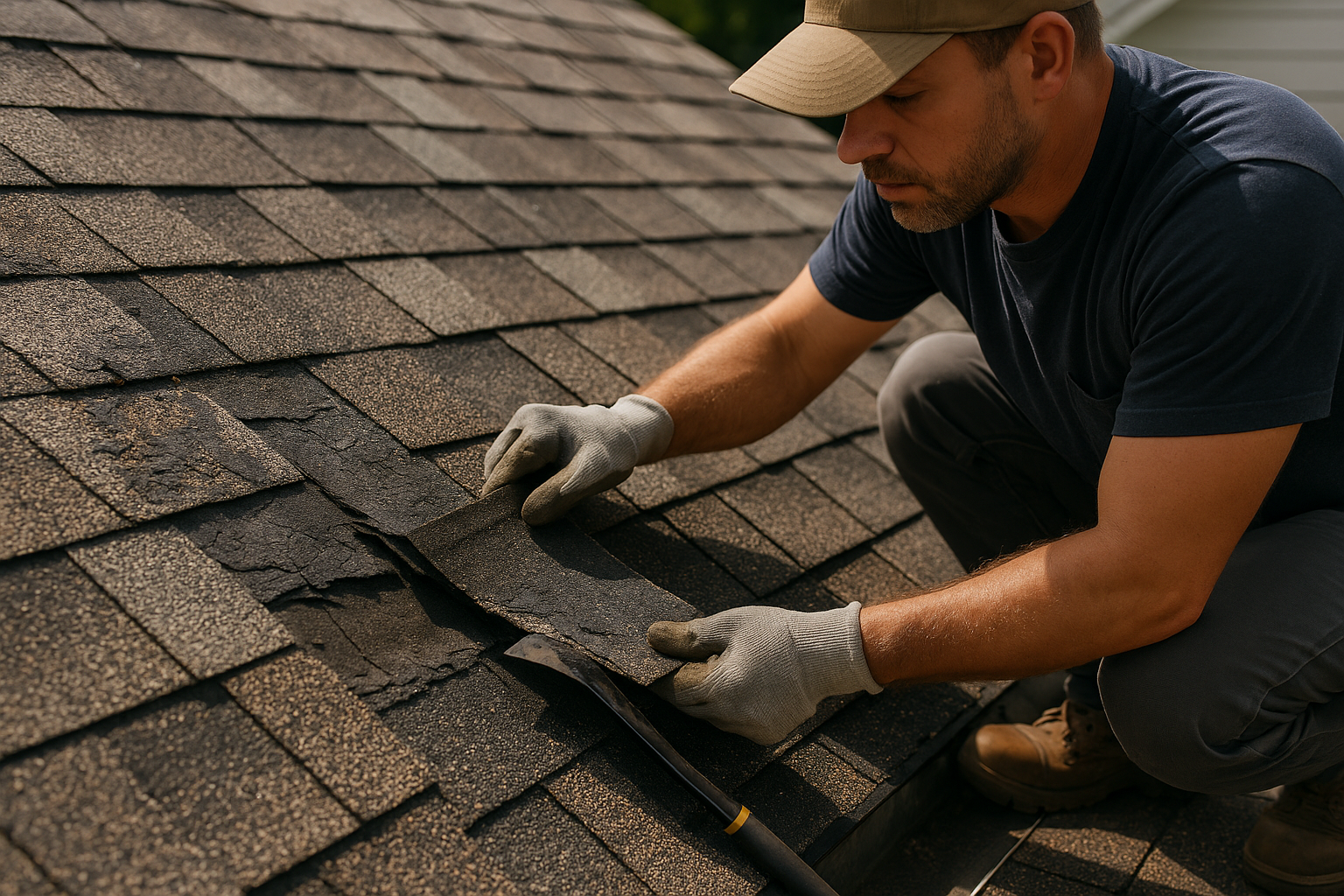 Close-up of a roofer replacing damaged shingles on a residential roof with visible wear and tear