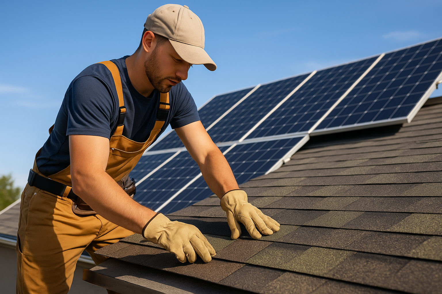 Roofer installing energy-efficient shingles under a blue sky with solar panels in the background