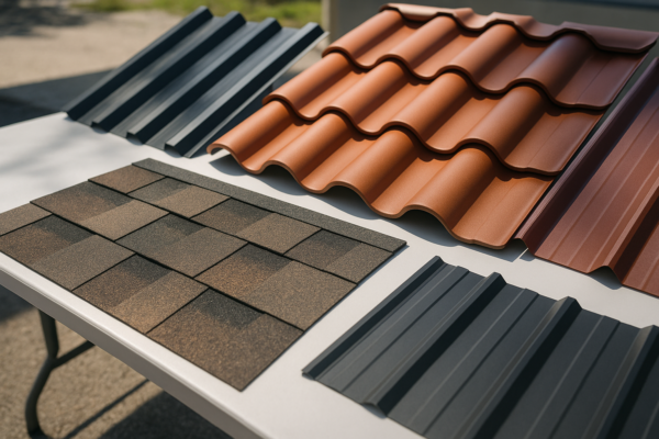 A variety of roofing materials displayed on a table, including asphalt shingles, clay tiles, and metal sheets, under bright sunlight