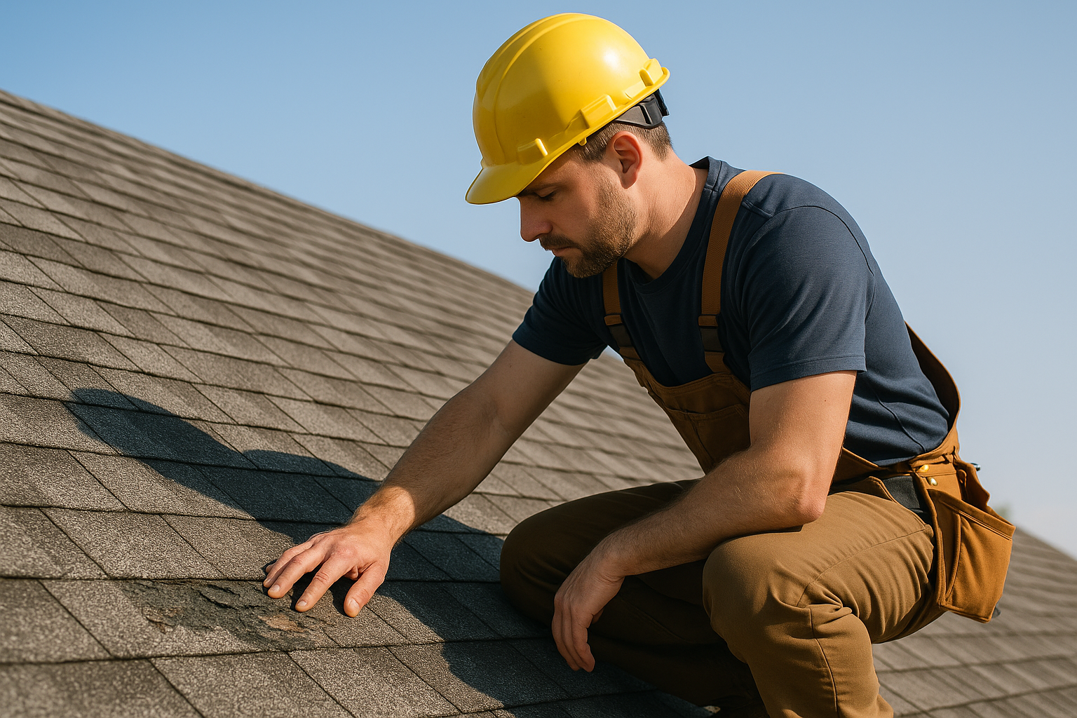 A roofer inspecting a roof made of asphalt shingles, with visible signs of wear and tear, under a clear sky
