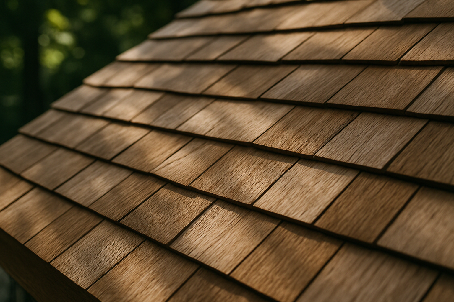 Close-up of wooden shingles on a rooftop, showing natural grain and texture under dappled sunlight
