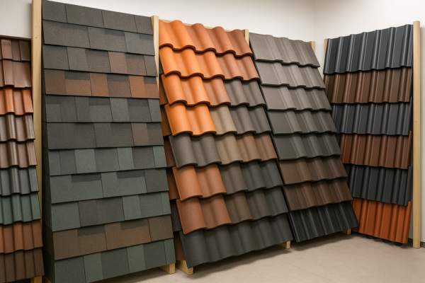 A diverse array of roofing materials displayed in a showroom setting, including shingles, tiles, and metal sheets