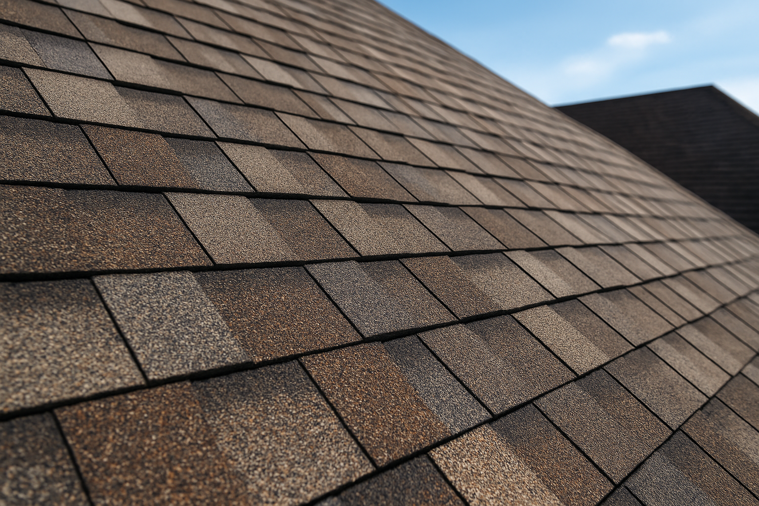 Close-up of asphalt shingles on a residential roof, showing texture and color variation