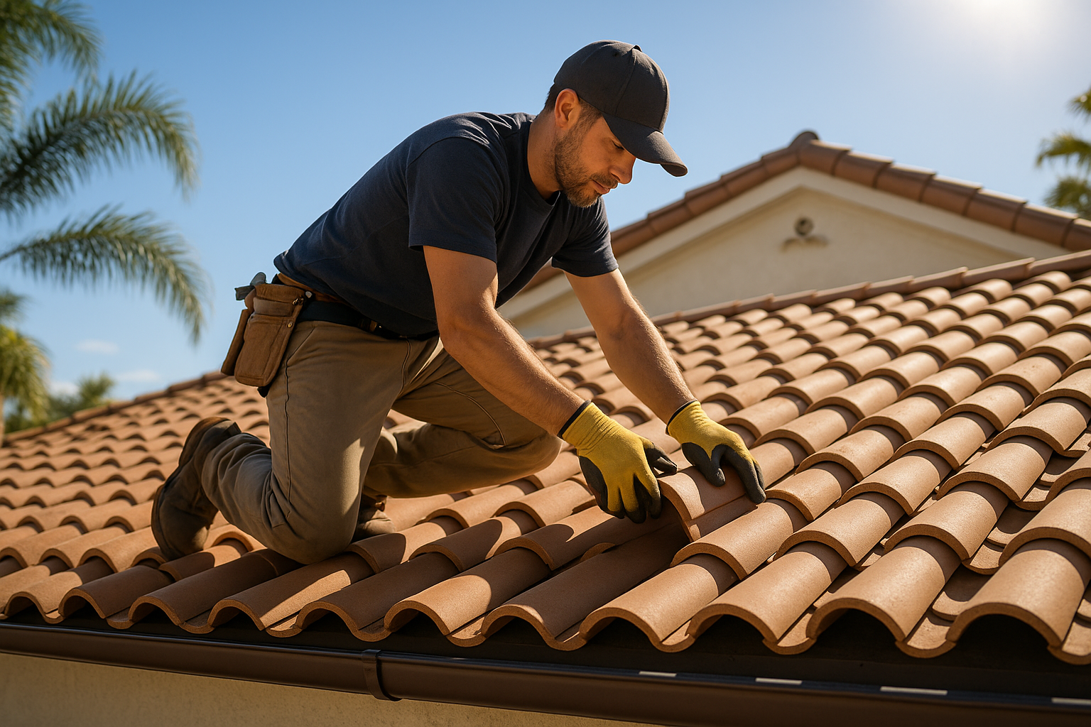 A professional roofer installing clay tiles on a Mediterranean-style roof under the California sun