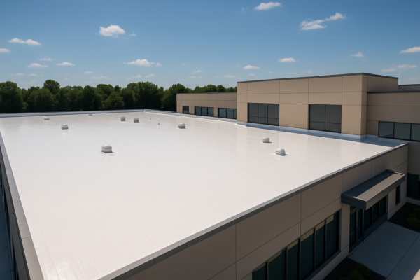 A panoramic view of a modern commercial building with a solar reflective roofing system on a sunny day
