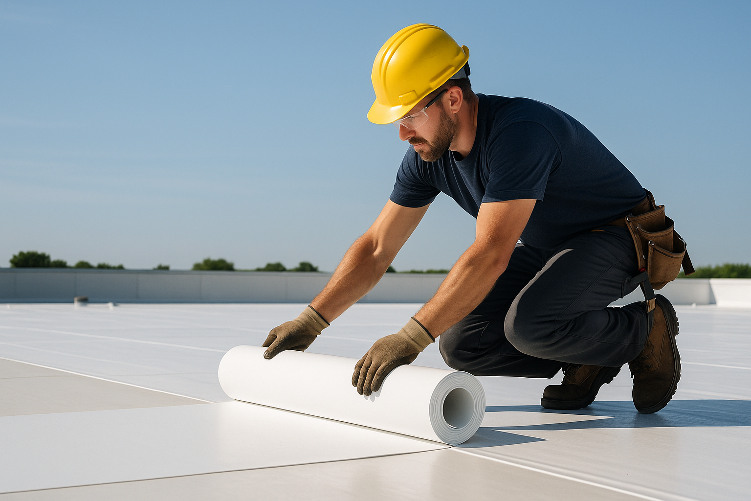 A professional roofer installing a white reflective TPO membrane on a flat commercial roof under clear skies