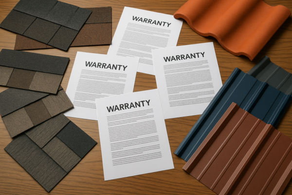 A collection of different roofing materials with warranty documents spread around on a contractor's table