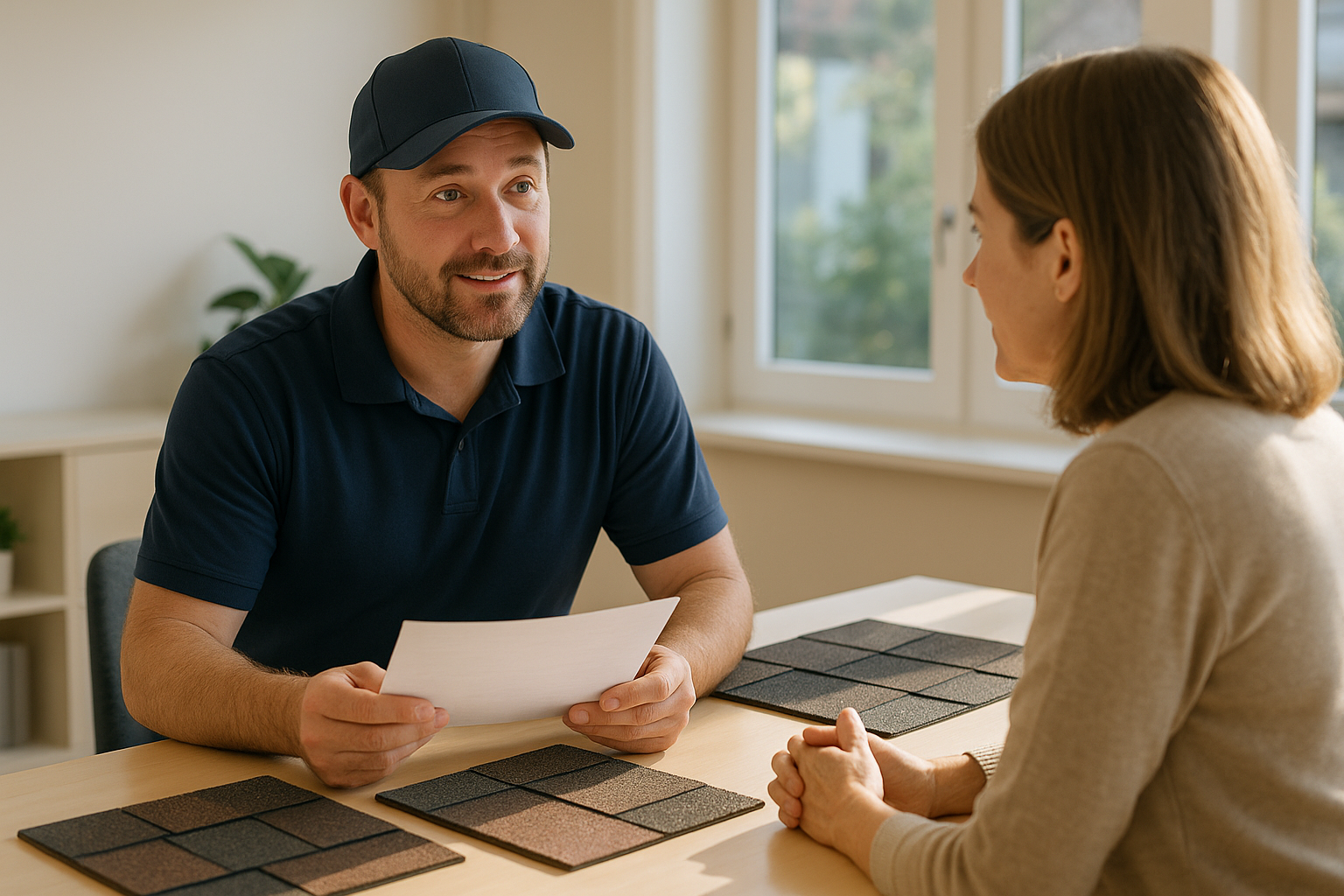 A contractor discussing warranty options with a homeowner in a sunlit office, with roofing samples on the table