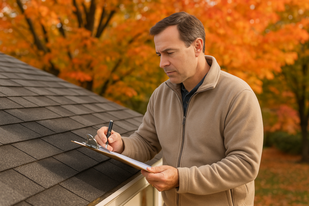 A homeowner inspecting the roof with a checklist in hand, surrounded by vibrant autumn foliage