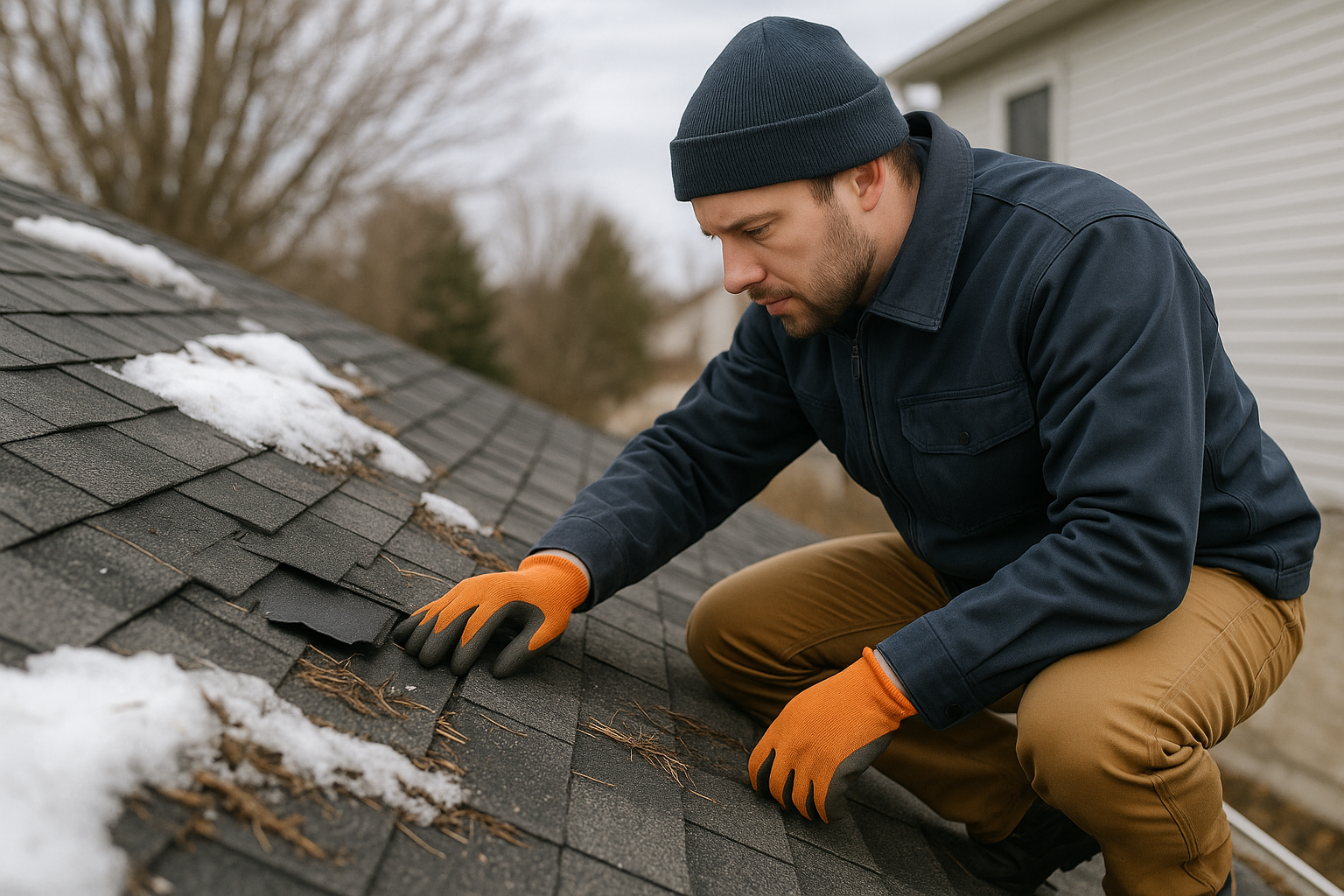 A professional roofer inspecting a roof with visible winter damage, such as missing shingles and debris