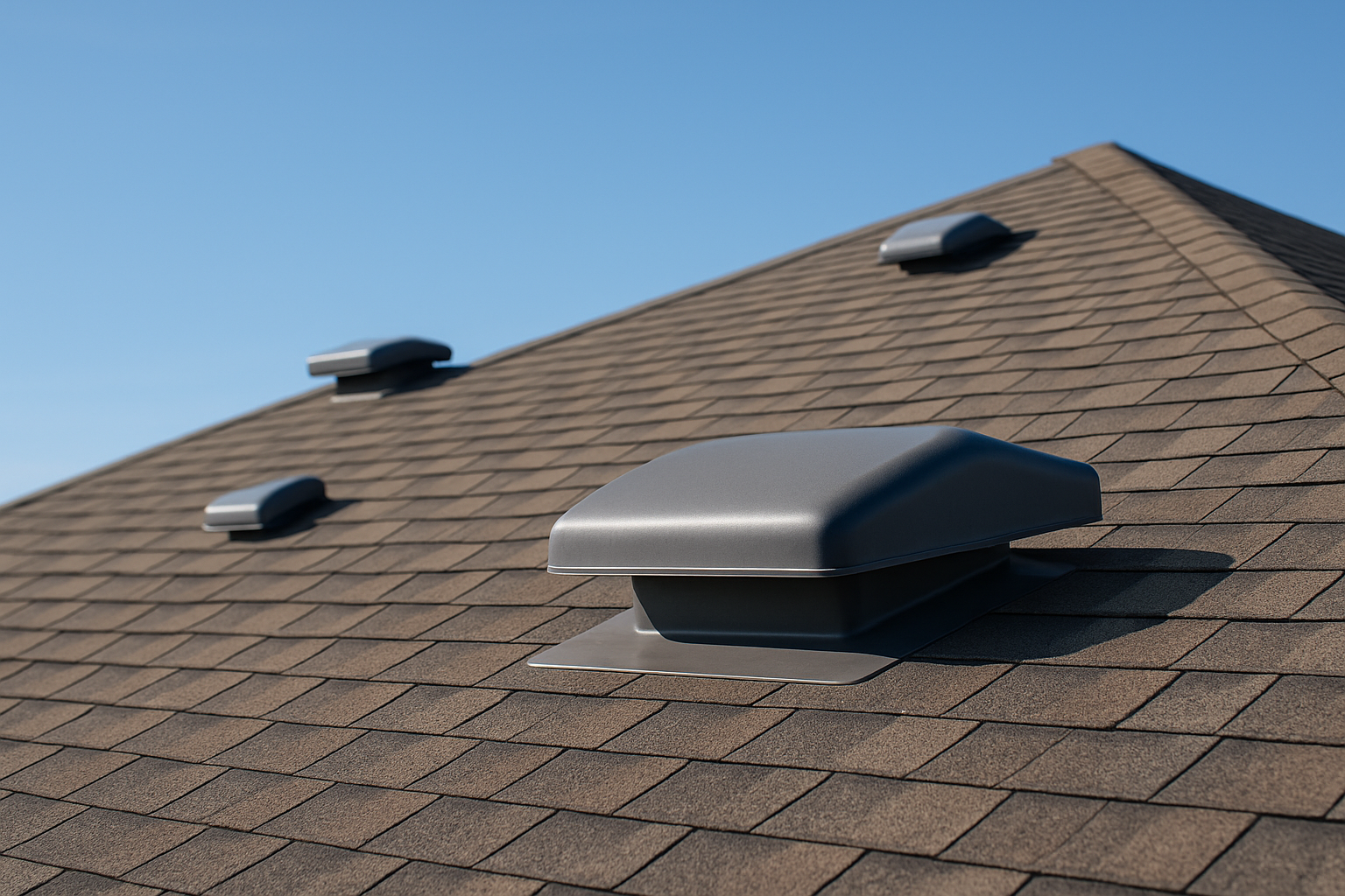 Close-up of roof vents on a sunny day, showing clear skies and well-maintained shingles