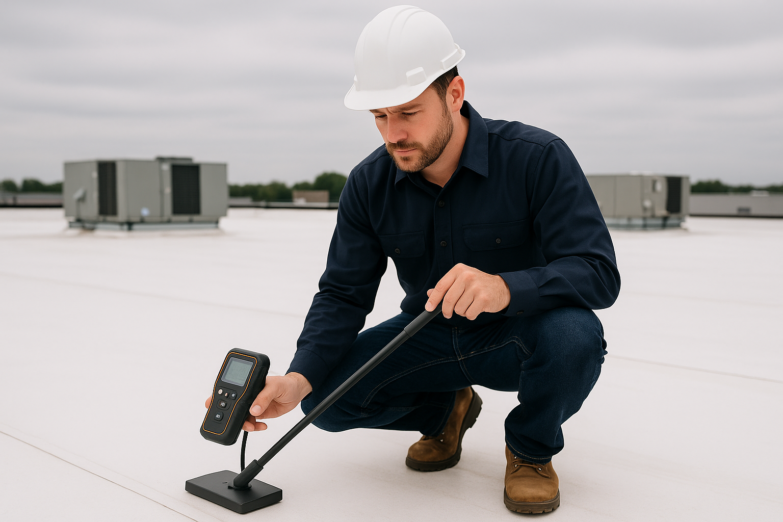 A professional roofer inspecting a commercial roof with a water testing device on an overcast day