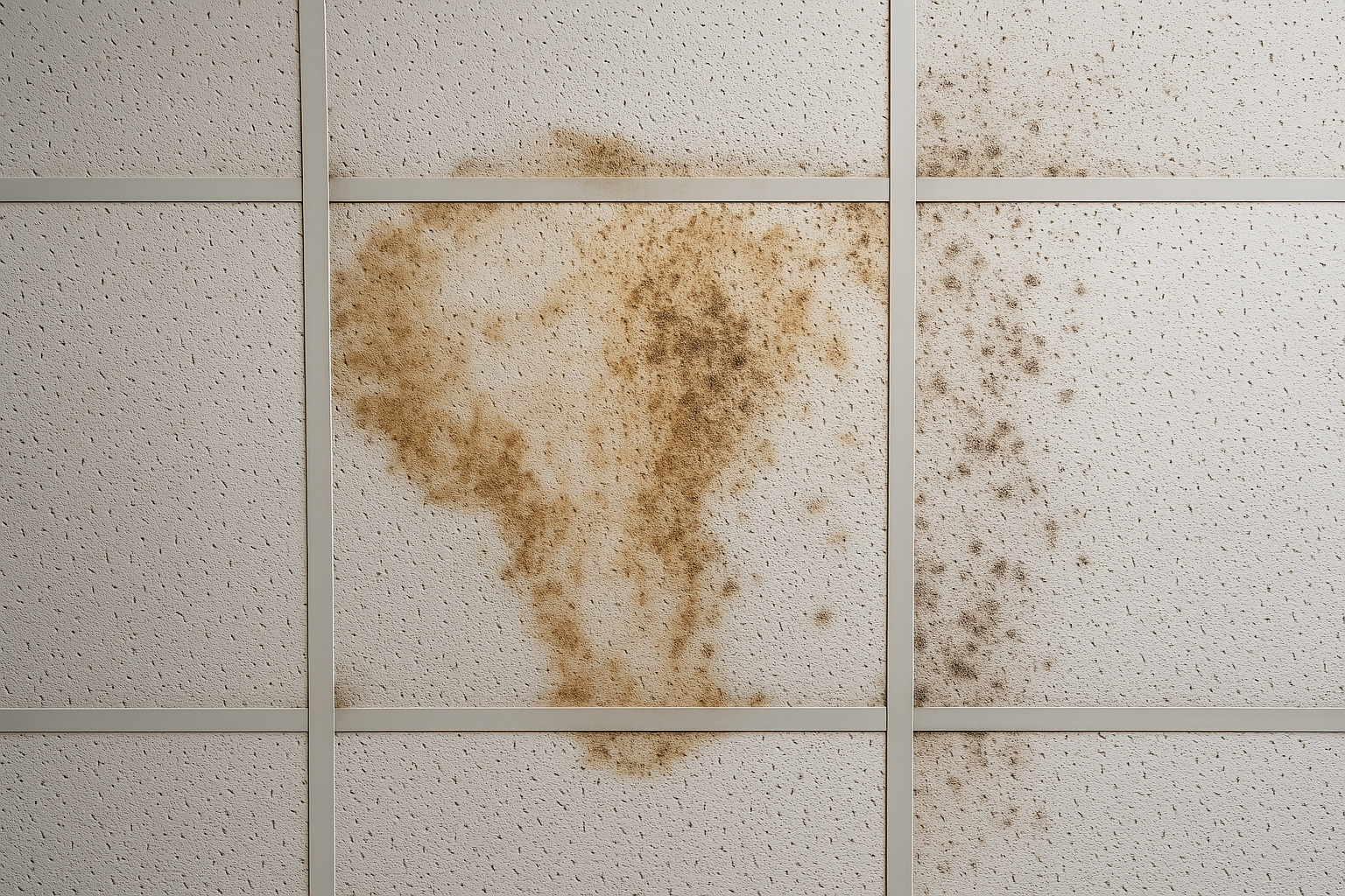Close-up of stained ceiling tiles with visible water damage and mildew stains