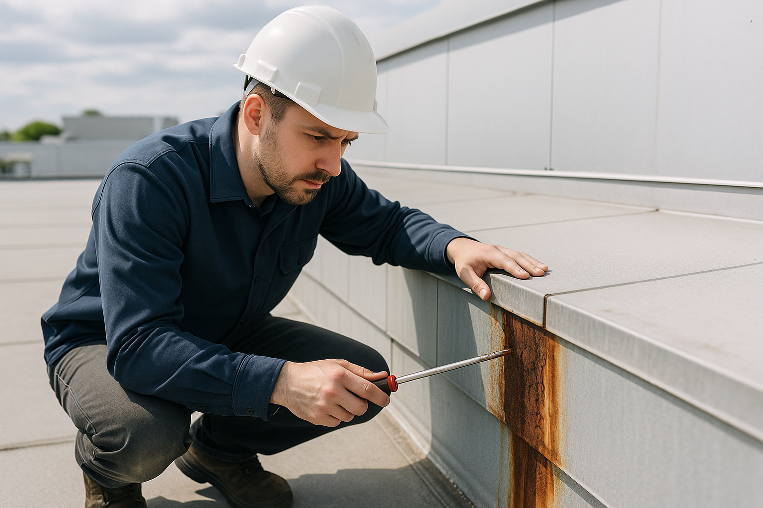 A roofer examining corroded metal flashing on a commercial rooftop with a screwdriver in hand