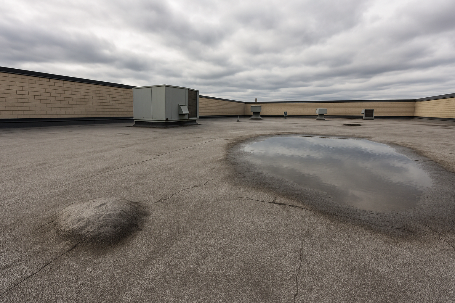 A commercial building with a flat roof showing visible signs of damage such as bubbling and ponding water under a cloudy sky