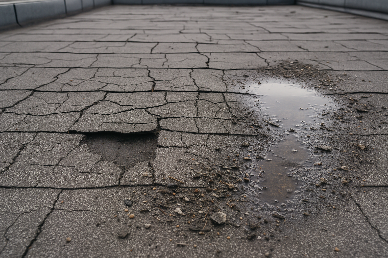 Close-up of cracked and missing shingles on a commercial roof, with debris and some water pooling visible