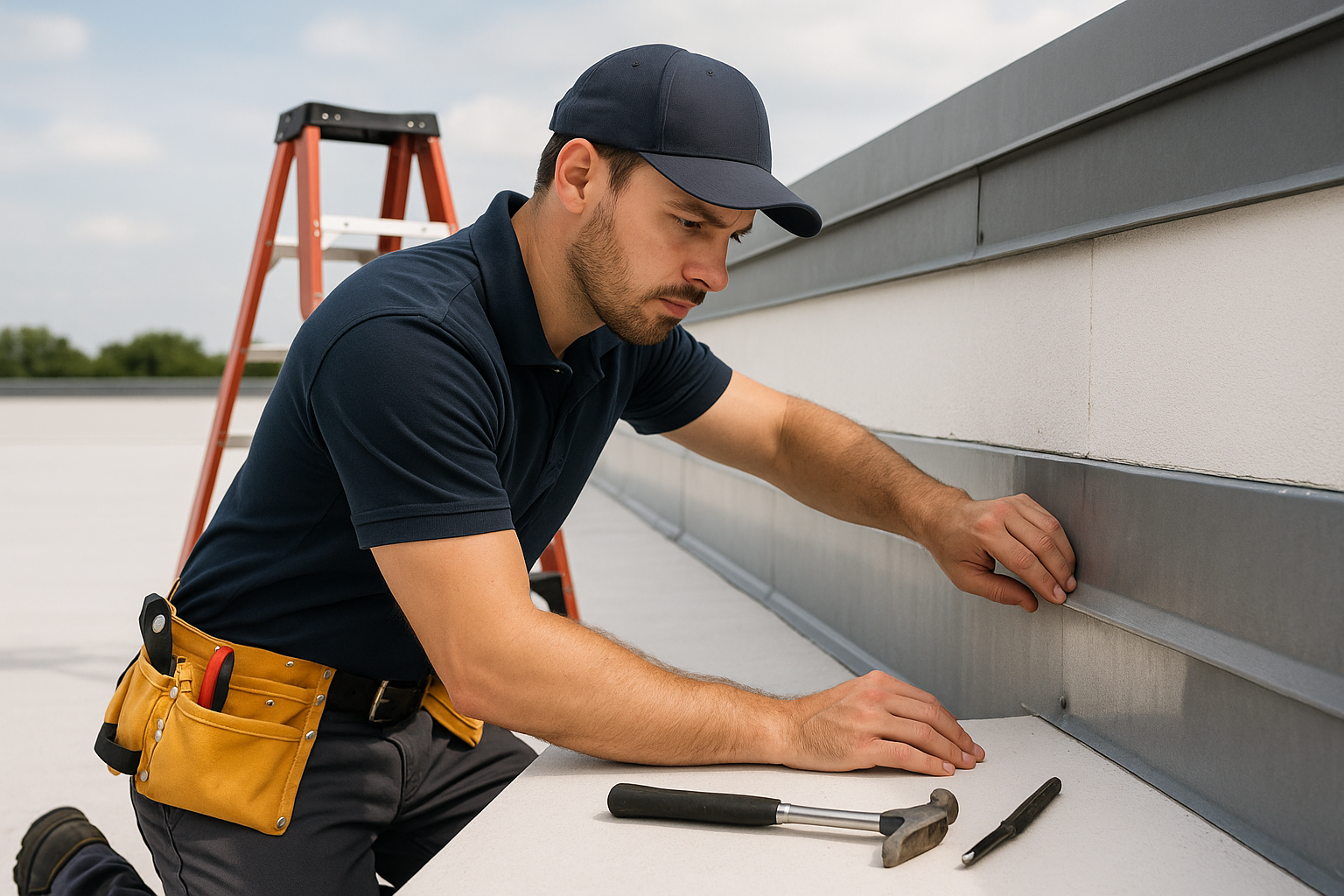 A professional roofer inspecting flashing on a commercial roof, with tools and a ladder visible nearby