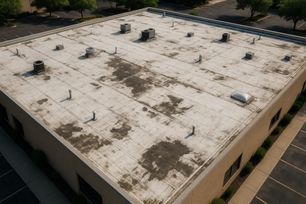 Aerial view of a large commercial building with a flat roof showing signs of wear and tear