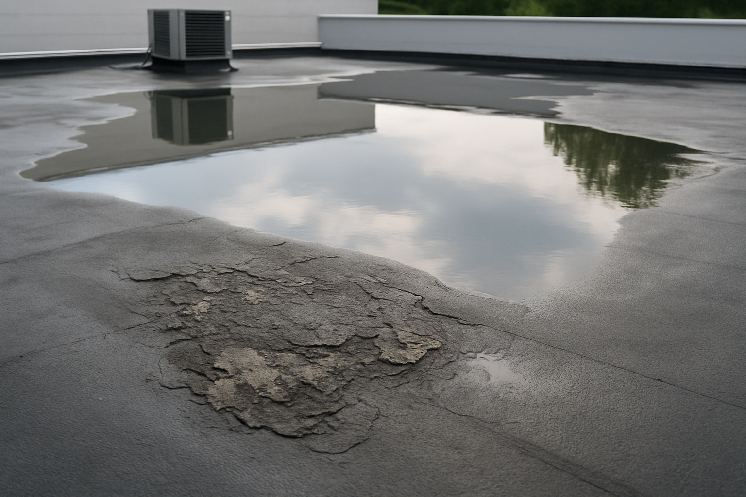 Close-up of a commercial roof with water pooling and visible damage on the surface