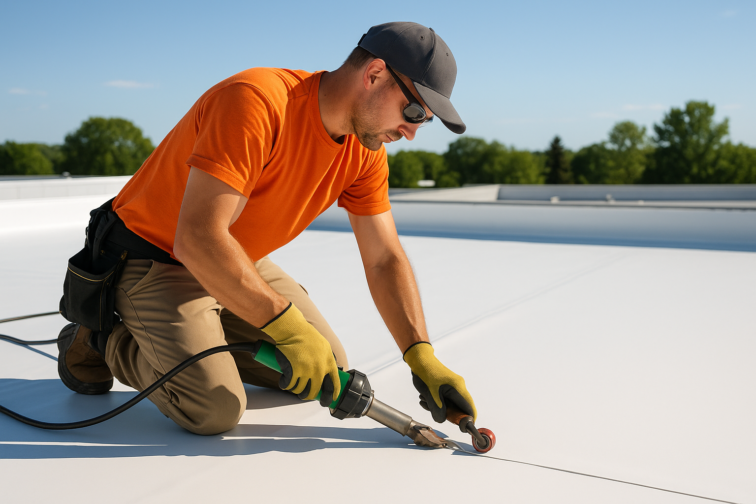 A professional roofer installing TPO membrane on a flat commercial roof on a sunny day