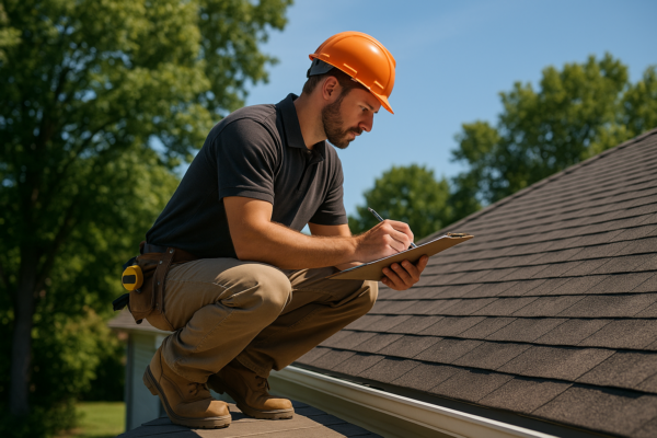 A professional roofer inspecting a residential roof with a clipboard, surrounded by lush green trees, under a clear blue sky