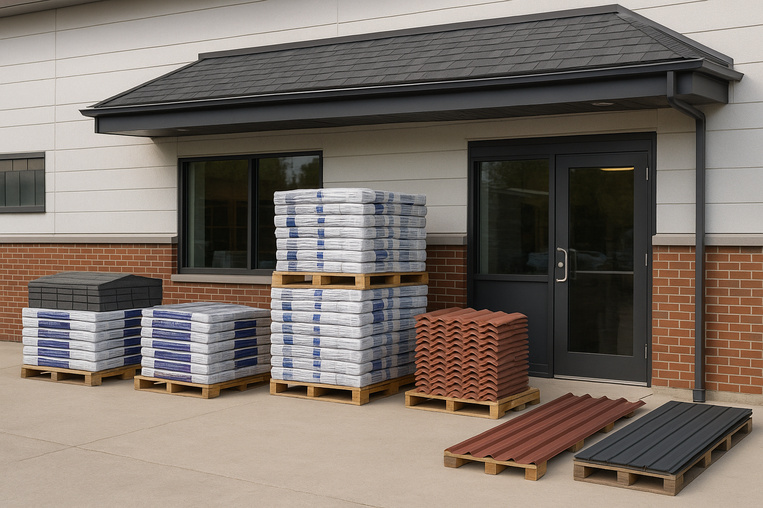 A local roofing supply store with stacks of shingles and roofing materials displayed outside