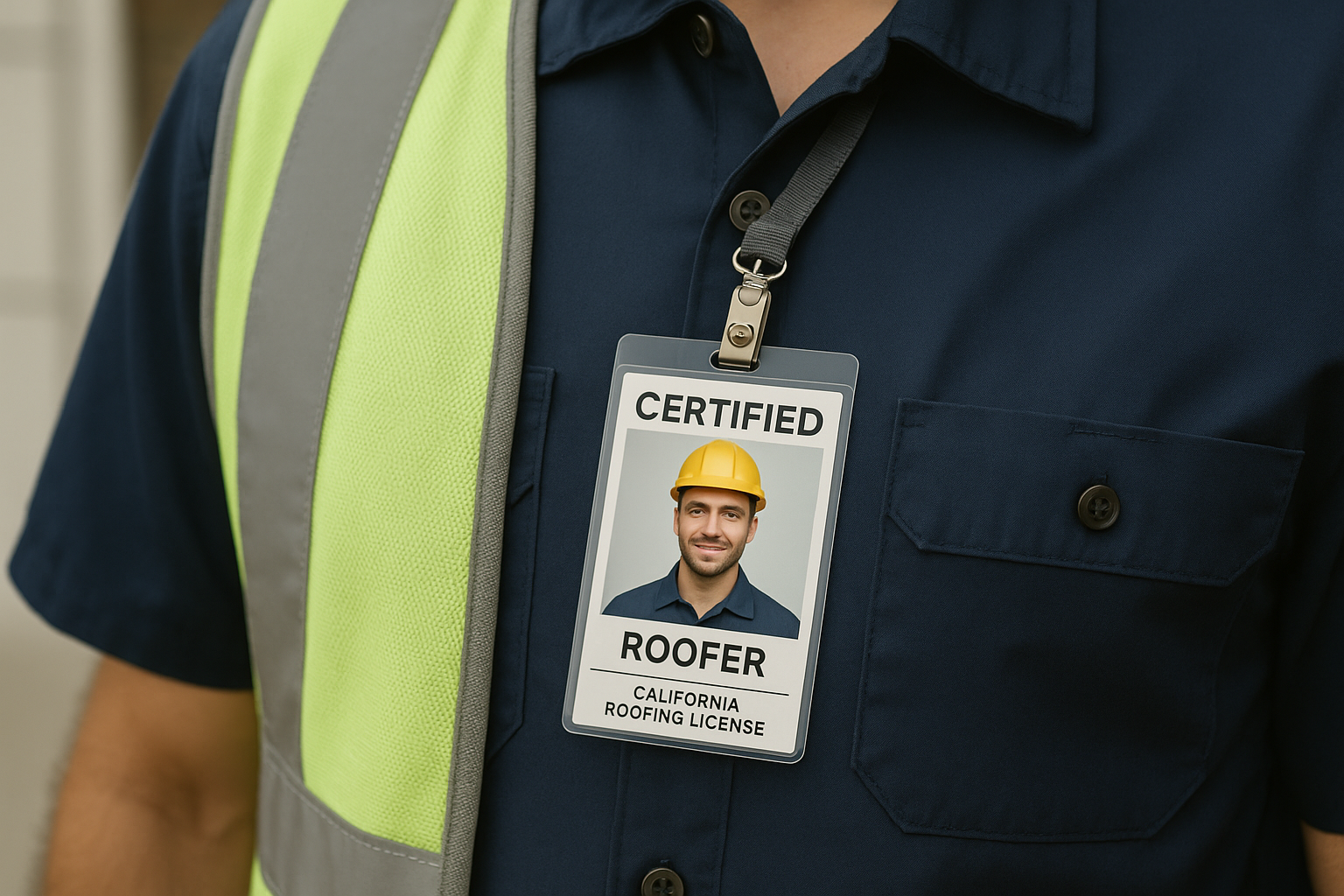 Close-up of a certified roofer's ID badge with a California Roofing License visible