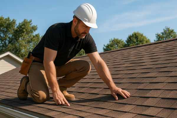 A rooftop view with a professional roofer inspecting shingles for damage on a sunny day
