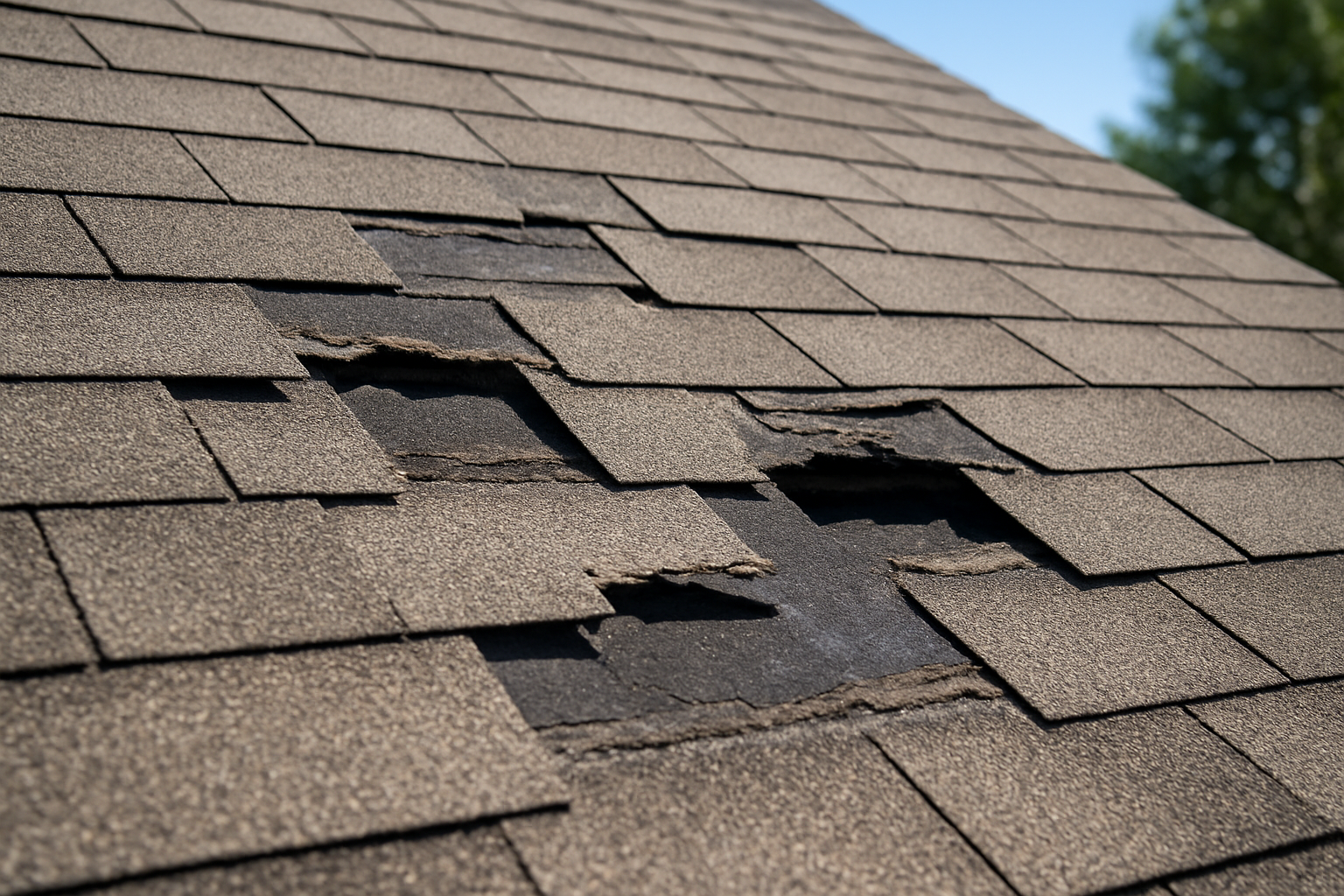 A close-up of a roof with several missing and damaged asphalt shingles, showing potential entry points for water