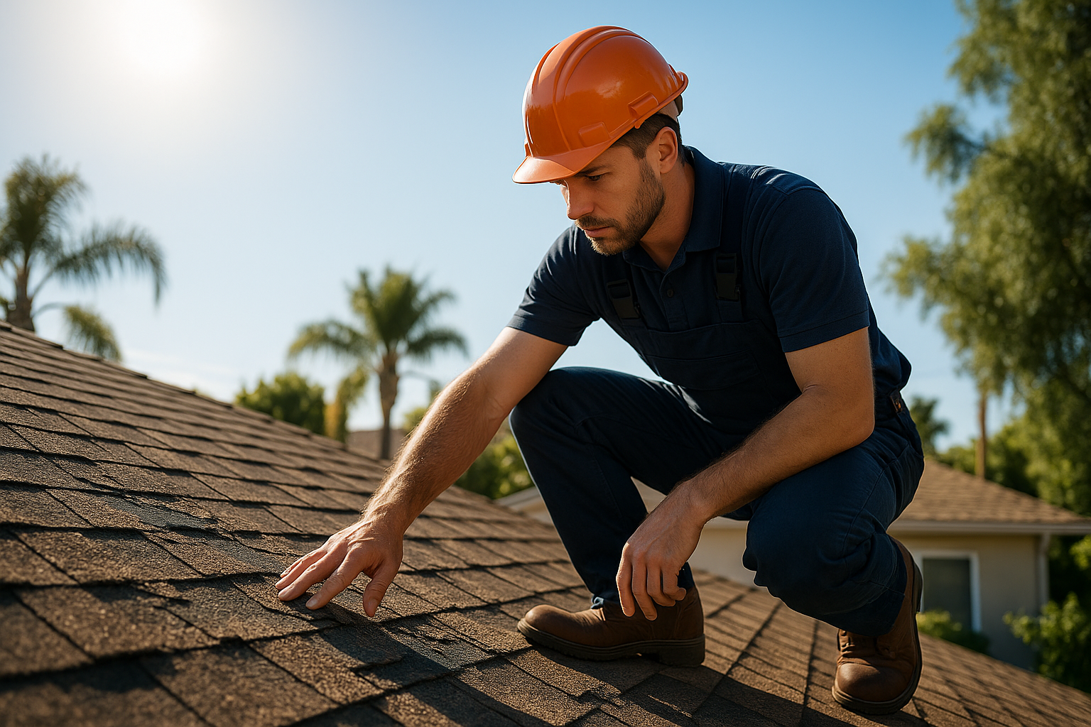 A professional roofer inspecting a residential roof with visible wear and tear under a bright California sun