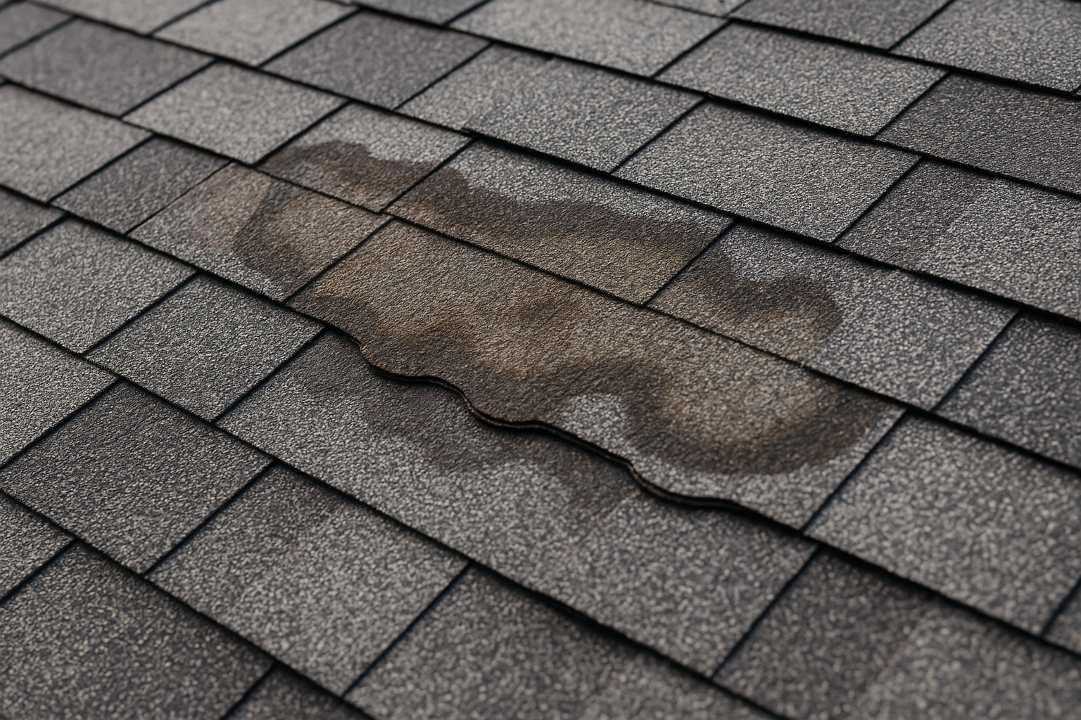 Close-up of damaged asphalt shingles with visible water staining and curling edges