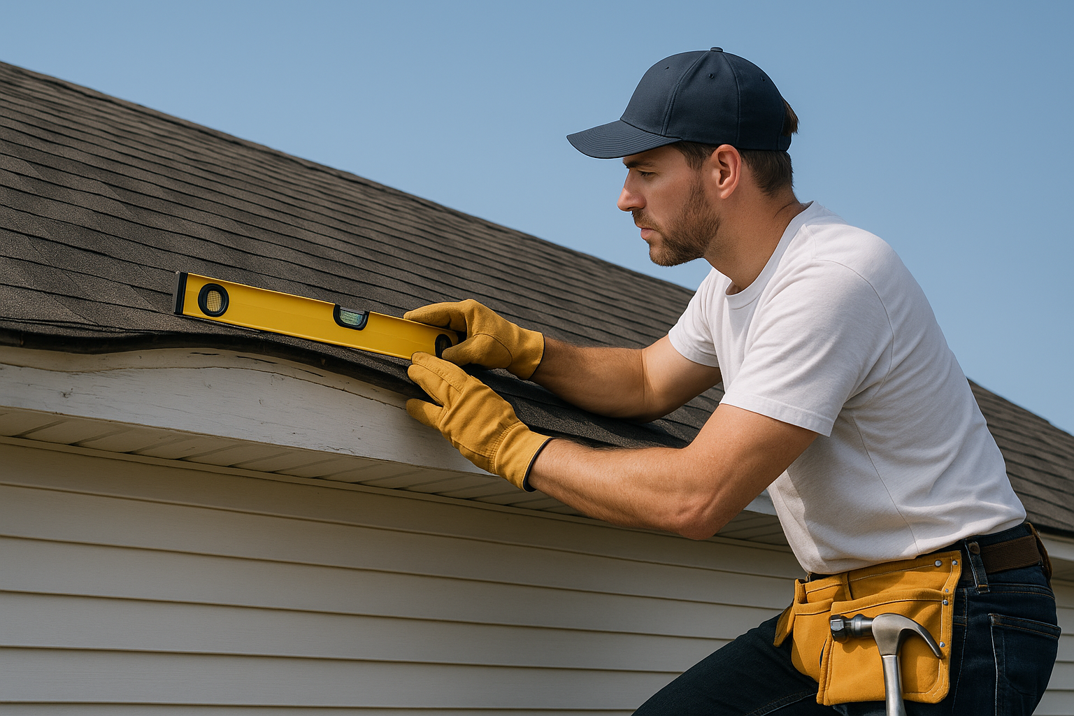 A roofer examining a sagging roof with a level tool, highlighting the uneven roof line against a clear sky