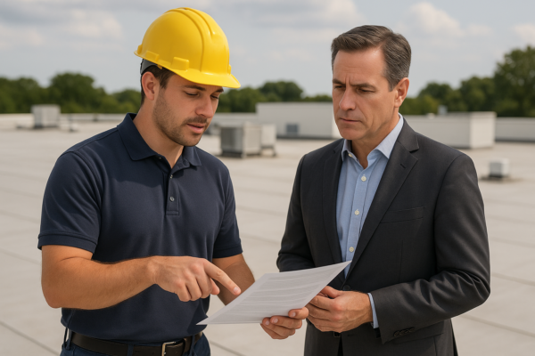 A contractor explaining warranty details to a building manager with a commercial rooftop visible in the background