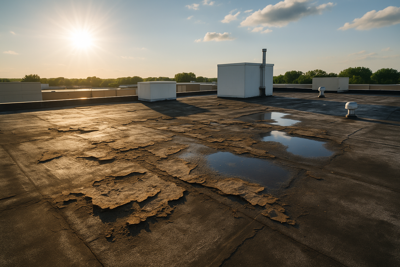 A damaged commercial roof with visible sun and water damage, highlighting the importance of strong warranties