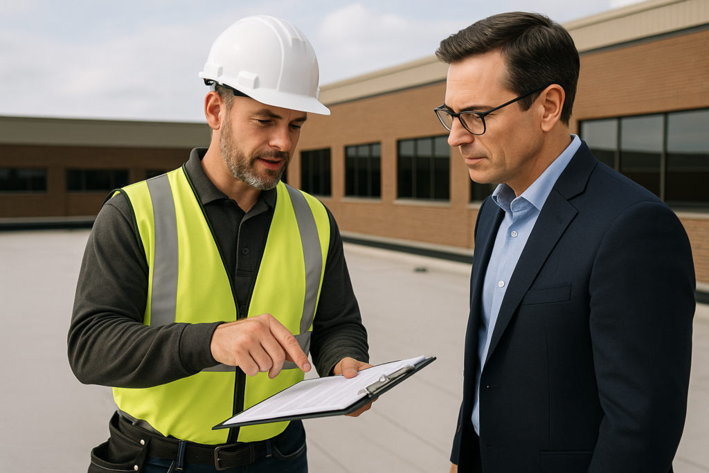 A professional roofer explaining warranty documents to a business owner on-site, with a commercial building in the background