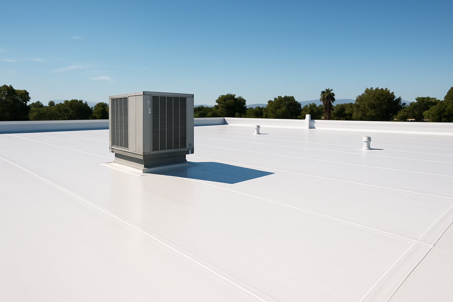 Close-up of a commercial roof with TPO membrane, highlighting its clean, white surface under the California sun