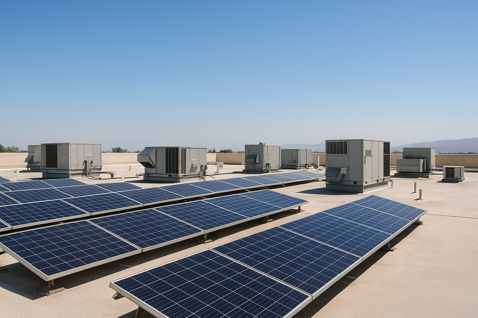 A commercial rooftop with solar panels and HVAC units under clear blue skies, illustrating a typical Southern California roof setup