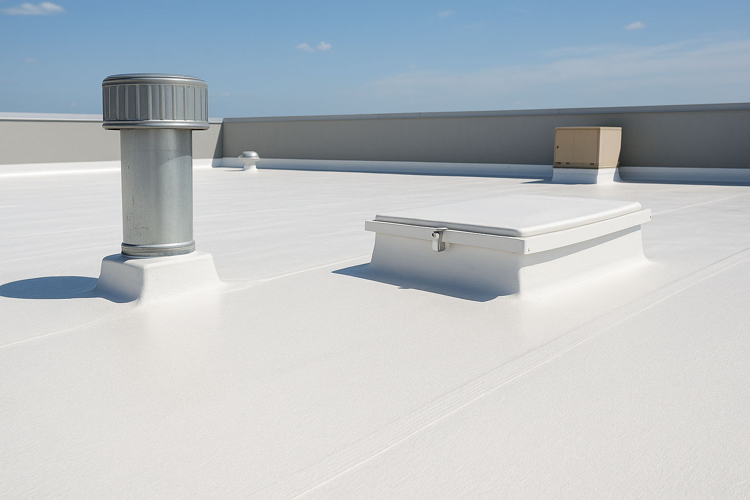 Close-up of a flat commercial roof with solar reflective coatings, designed to minimize heat absorption