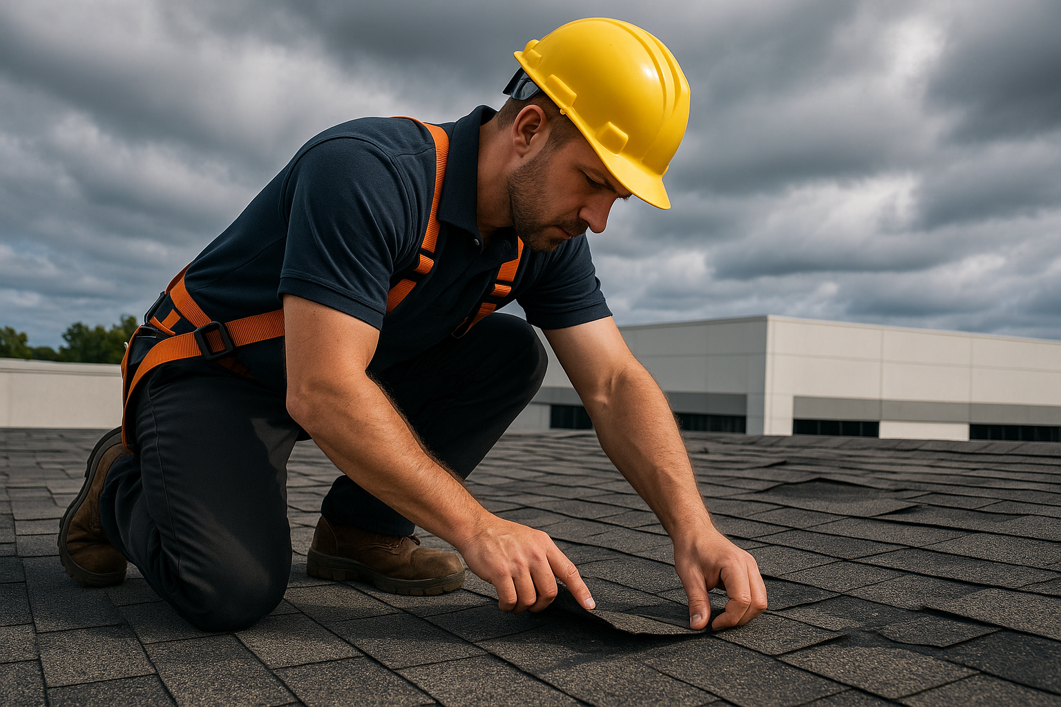 A professional roofer inspecting a commercial roof for wind damage after a storm, ensuring shingles are secure and intact
