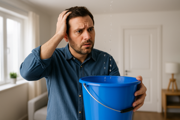 A homeowner looking concerned at water dripping from the ceiling into a bucket placed on the floor