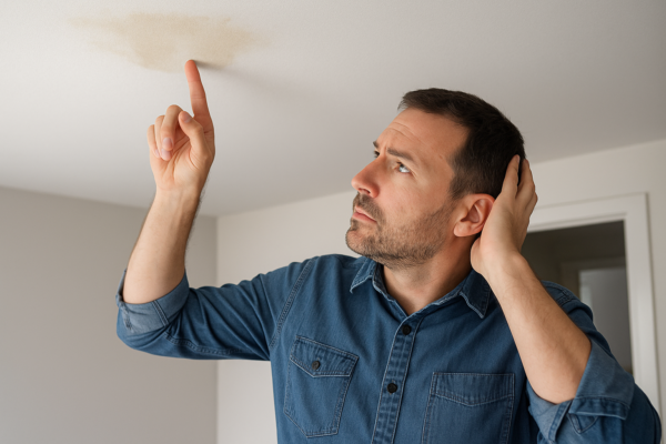 A homeowner examining a water stain on the ceiling, indicating a roof leak