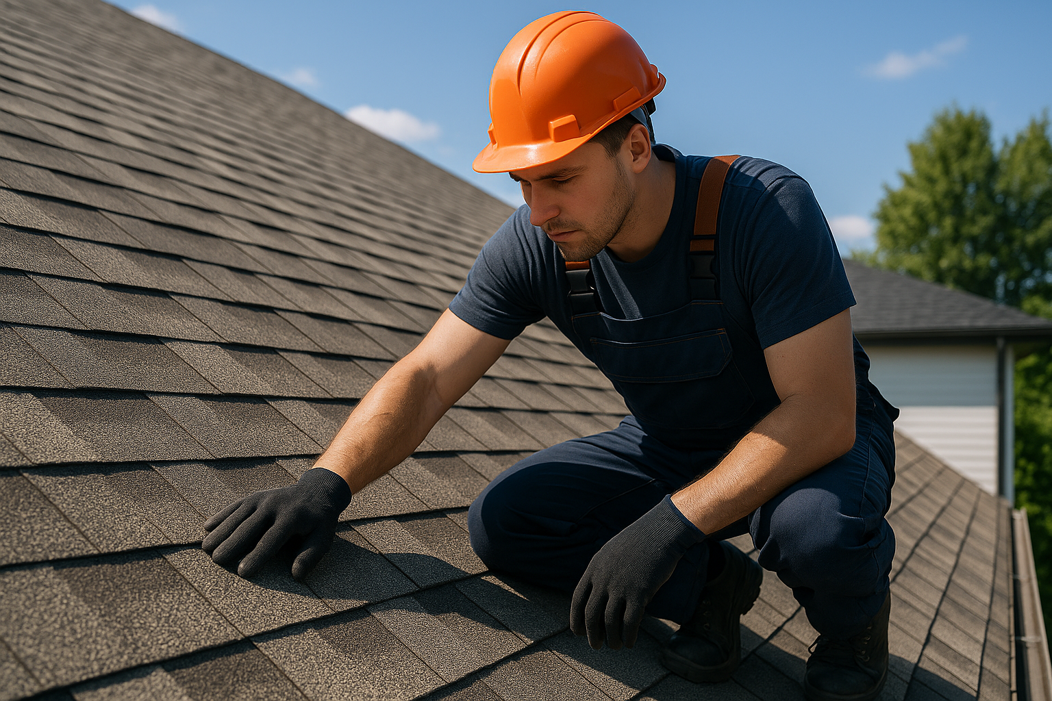 A professional roofer inspecting an asphalt shingle roof for leaks on a bright, sunny day