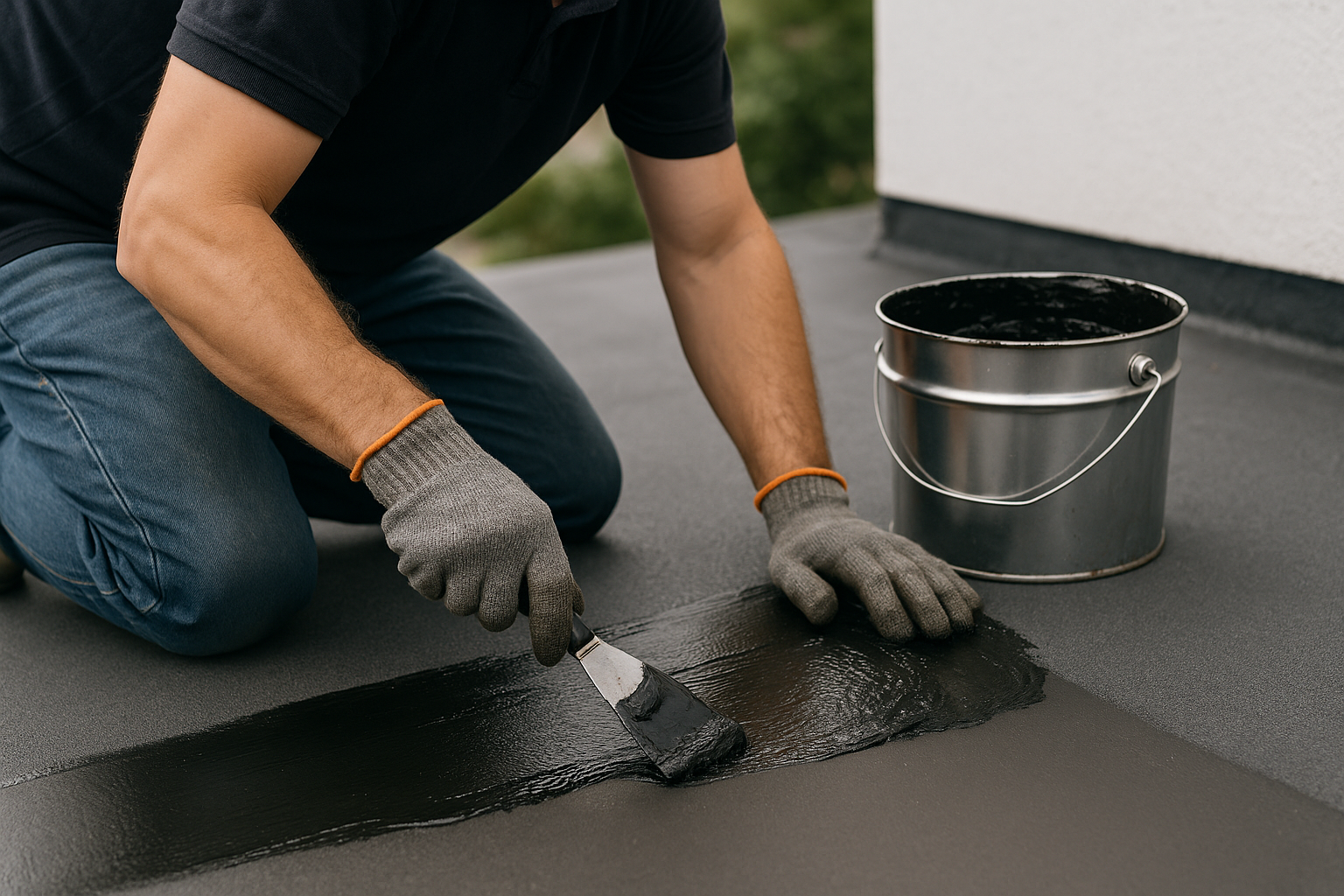 A close-up of a professional roofer applying roofing cement to a flat roof surface, ensuring a waterproof seal
