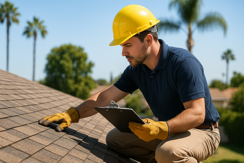 A professional roofer inspecting a roof with a clipboard, evaluating shingle conditions on a sunny day in Southern California