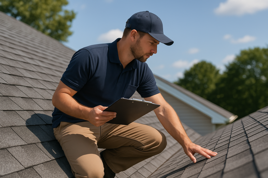 A professional roofer inspecting a residential roof with a clipboard on a sunny day